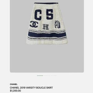 Authentic Chanel 2019 Varsity White Blue Boucle CC Logo Skirt